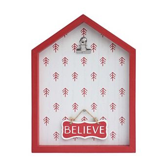 Parisloft Noel/Believe House Shaped Wood Wall Christmas Plaque with Metal Photo Clip