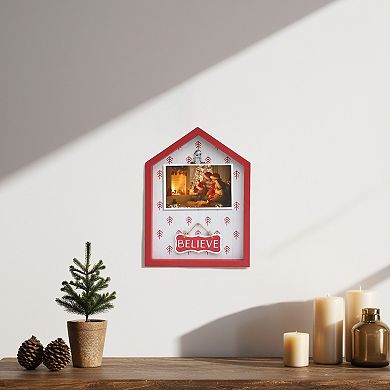 Parisloft Noel/Believe House Shaped Wood Wall Christmas Plaque with Metal Photo Clip