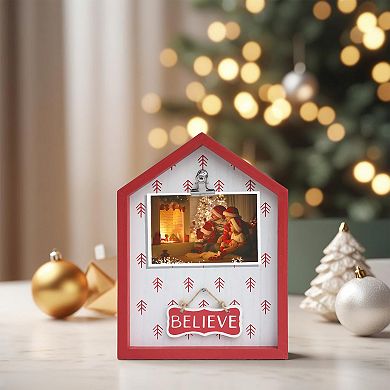 Parisloft Noel/Believe House Shaped Wood Wall Christmas Plaque with Metal Photo Clip