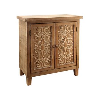 Parisloft Rustic Brown Wood Storage Cabinet with 2 Carved Doors for Living Room, 30.5" H