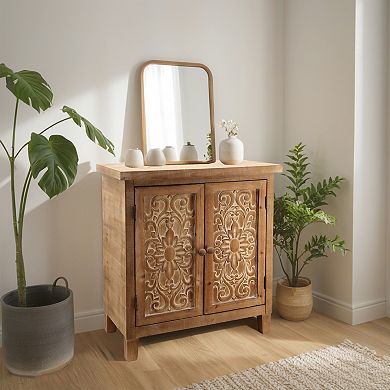 Parisloft Rustic Brown Wood Storage Cabinet with 2 Carved Doors for Living Room, 30.5" H