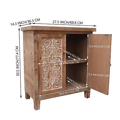 Parisloft Rustic Brown Wood Storage Cabinet with 2 Carved Doors for Living Room, 30.5" H