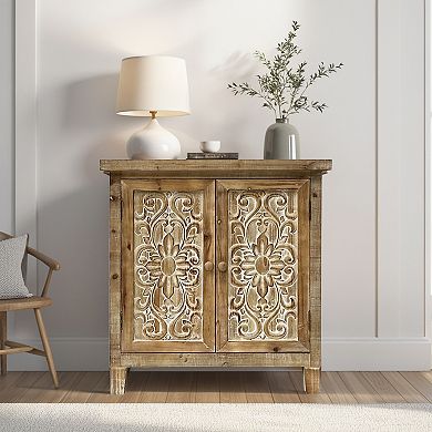 Parisloft Rustic Brown Wood Storage Cabinet with 2 Carved Doors for Living Room, 30.5" H