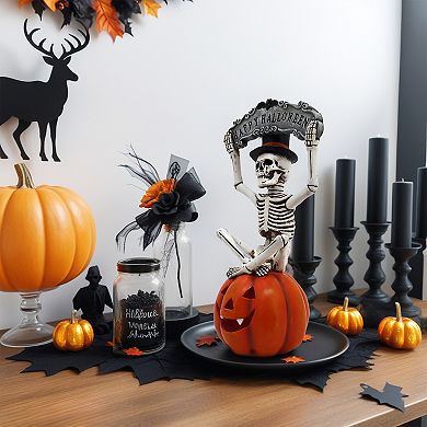 Parisloft Halloween Skeleton Ghost and Pumpkin Miniature Figurine with LED, 10.2"H