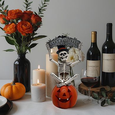 Parisloft Halloween Skeleton Ghost and Pumpkin Miniature Figurine with LED, 10.2"H