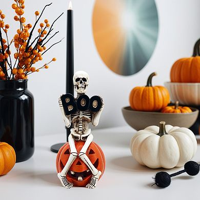 Parisloft Halloween Skeleton Ghost and Pumpkin Miniature Figurine with LED - Boo, 8.7"H