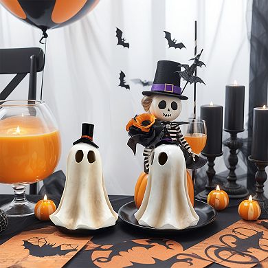 Parisloft Set of 2 Polyresin Halloween Ghost Figurine with LED Lights, 6.4" H