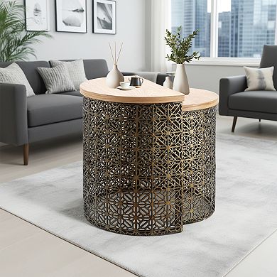 Parisloft Set of 2 Wood and Metal Half Round End Table for Living Room