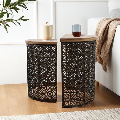 Parisloft Set of 2 Wood and Metal Half Round End Table for Living Room