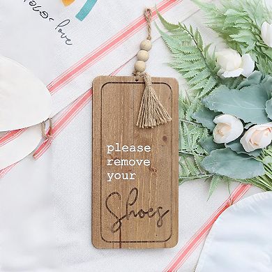 Parisloft Please Remove Your Shoes Wood Wall Sign with Wood Bead String Hanger, Brown