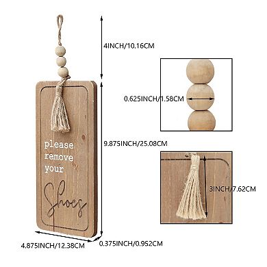 Parisloft Please Remove Your Shoes Wood Wall Sign with Wood Bead String Hanger, Brown