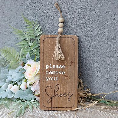 Parisloft Please Remove Your Shoes Wood Wall Sign with Wood Bead String Hanger, Brown