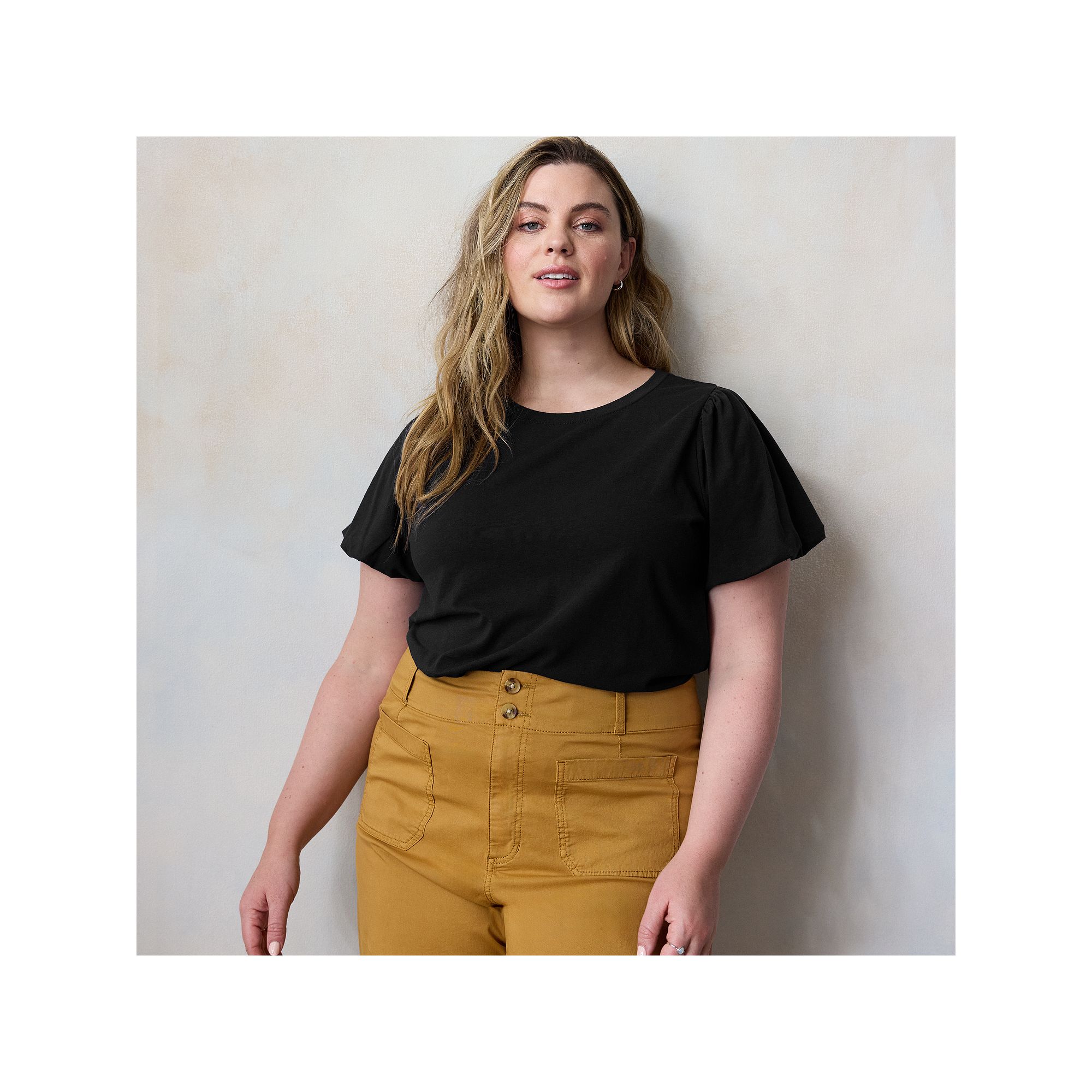 Plus Size LC Lauren Conrad Bubble Sleeve Tee, Womens, Size: 1XL, Black Ore