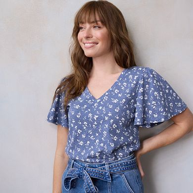 Petite LC Lauren Conrad V-Neck Flutter Short Sleeve Top