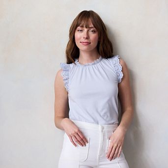 Petite LC Lauren Conrad Lace Ruffle Sleeve Crewneck Top