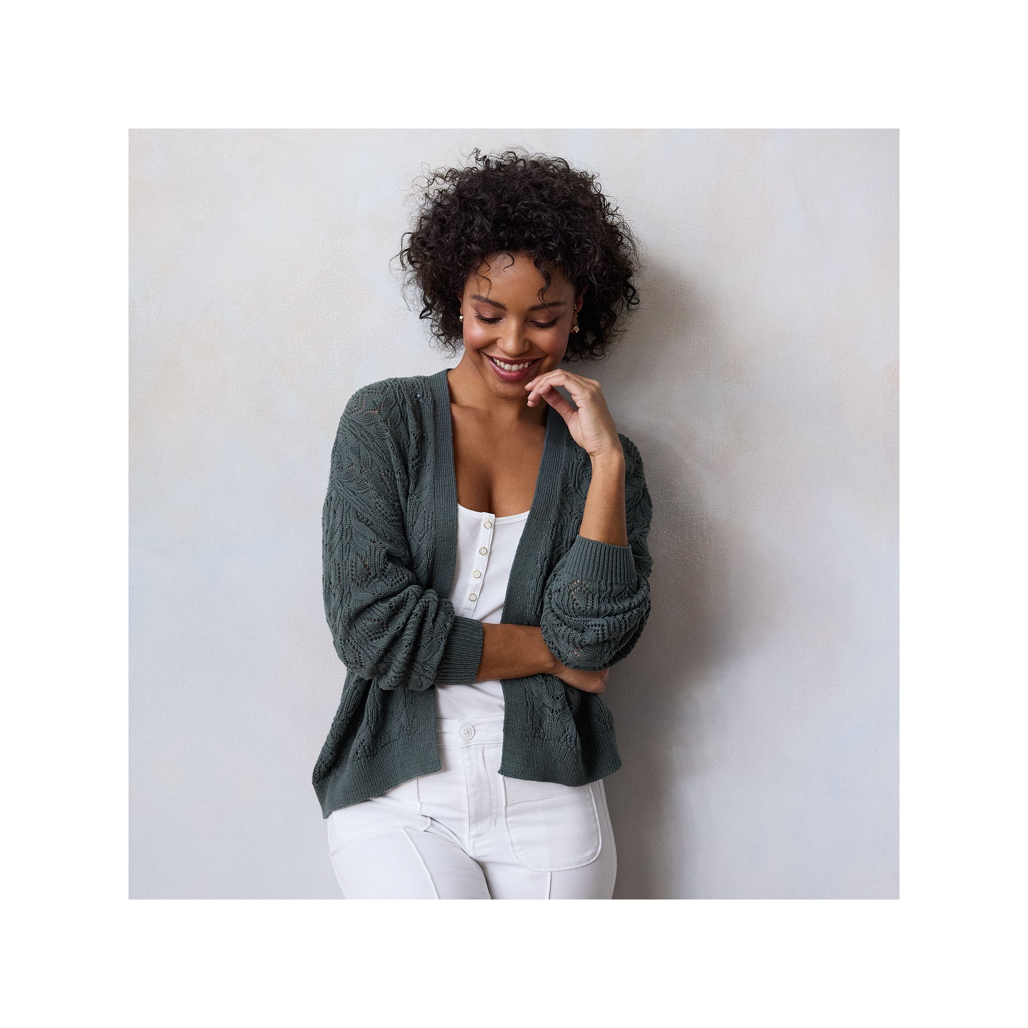 Womens LC Lauren Conrad Pointelle Open Cardigan, Size: Medium, Budding Asp