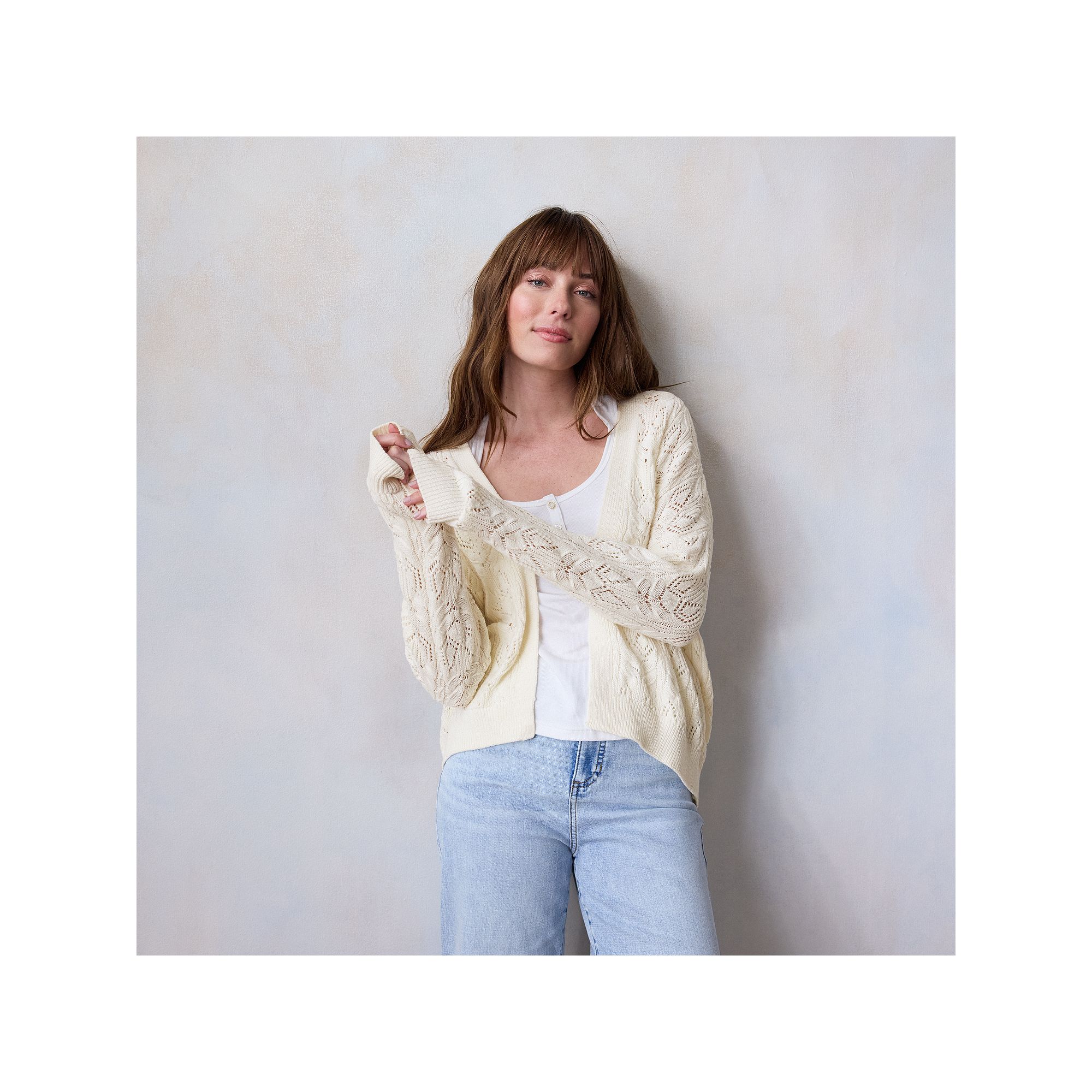 Womens LC Lauren Conrad Pointelle Open Cardigan, Size: XS, Ivory Silk
