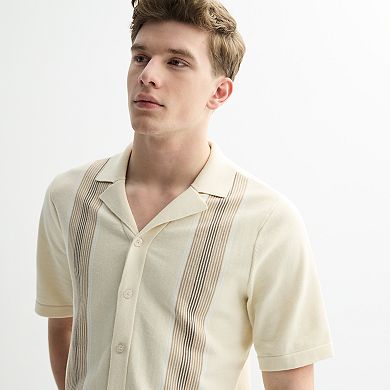 Men's Sage and Steel Vertical Stripe Short Sleeve Button-Down Sweater Shirt