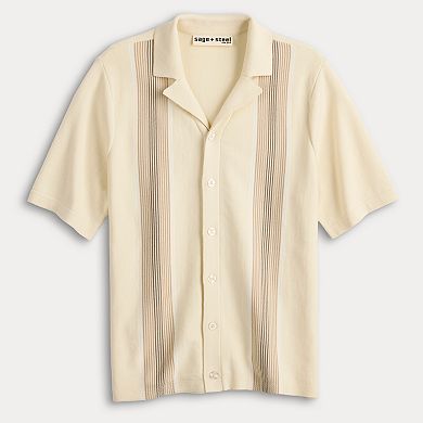 Men's Sage and Steel Vertical Stripe Short Sleeve Button-Down Sweater Shirt