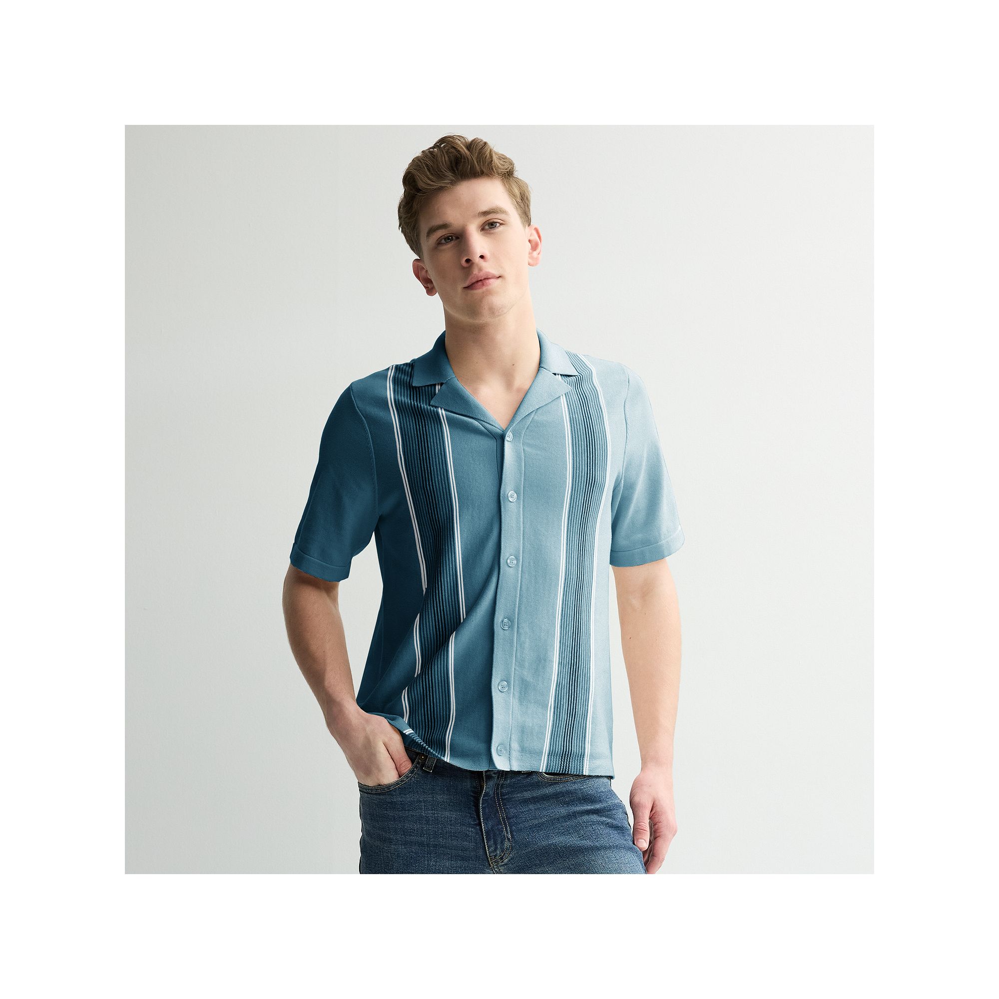 Mens Sage and Steel Vertical Stripe Short Sleeve Button-Down Sweater Shirt