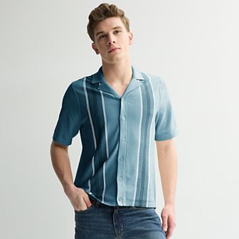 Men's Sage and Steel Vertical Stripe Short Sleeve Button-Down Sweater