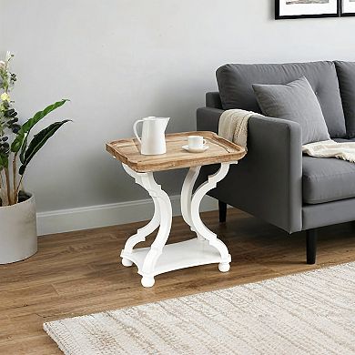 Parisloft Wood End Table with Natural Wood Tray Top and White Cross Legs