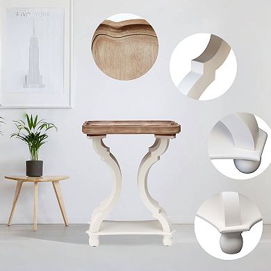 Parisloft Wood End Table with Natural Wood Tray Top and White Cross Legs