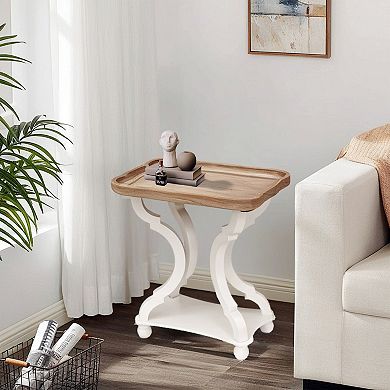 Parisloft Wood End Table with Natural Wood Tray Top and White Cross Legs