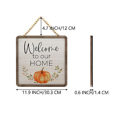 Parisloft Welcome to Our Home Wood Wall Fall Sign with Wood Beaded Hanger, 12 x 12 Inches