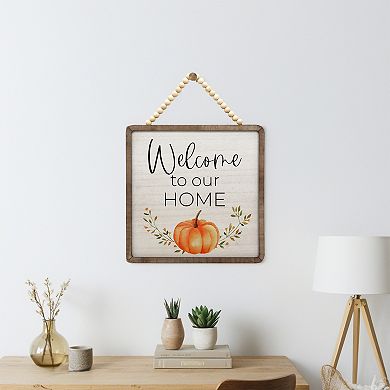 Parisloft Welcome to Our Home Wood Wall Fall Sign with Wood Beaded Hanger, 12 x 12 Inches