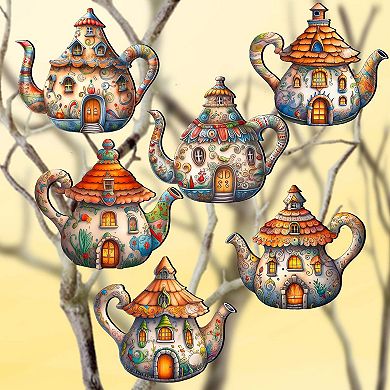 Teapots Wooden Clip-on Ornaments Set Of 6 By G. Debrekht