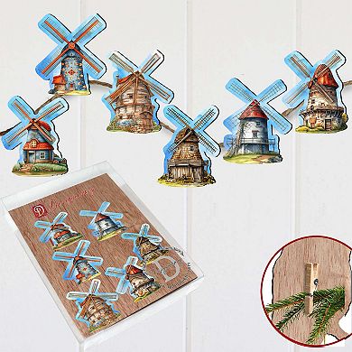 Windmills Wooden Clip-on Ornaments Set Of 6 By G. Debrekht