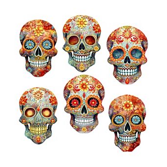 Sugar Skulls Wooden Clip-on Ornaments Set Of 6 By G. Debrekht