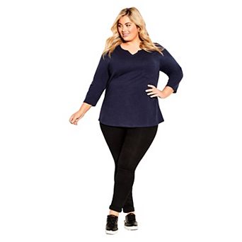 Avenue Women's Plus Size Notch Neck 3/4 Sleeve Plain Tee