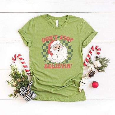 Don't Stop Believin' Santa Checkered Short Sleeve Graphic Tee