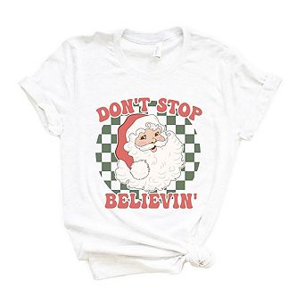 Don't Stop Believin' Santa Checkered Short Sleeve Graphic Tee