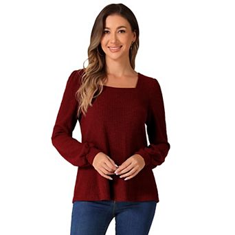 Women's Square Neck Ribbed Knit Top Basic Casual Lightweight Long Sleeve Sweater
