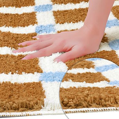 2 Pcs Checkered Soft Fluffy Absorbent Non Slip Bath Mats Bathroom Rugs 16" X 24"