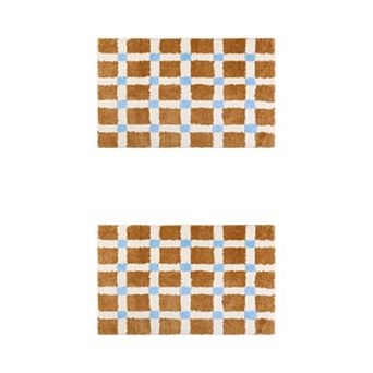 2 pc Checkered Soft Fluffy Absorbent Non Slip Bath Mats Bathroom Rugs 16" X 24"