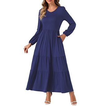 Tiered A-Line Dresses for Women's Crewneck Long Sleeve Midi Casual Dress with Pockets