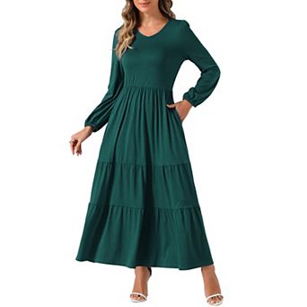 Tiered A-Line Dresses for Women's Crewneck Long Sleeve Midi Casual Dress with Pockets