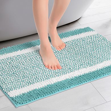 2 Pcs Chenille Striped Bathroom Rug Mat, Soft Plush Shaggy Bath Carpet, Machine Washable 20" X 32"