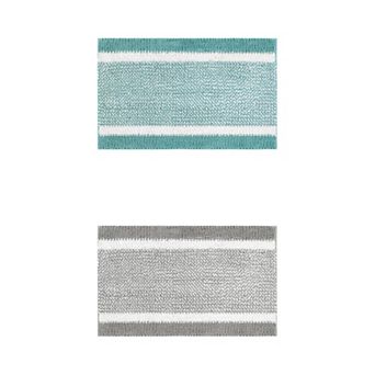 2 pc Chenille Striped Bathroom Rug Mat, Soft Plush Shaggy Bath Carpet, Machine Washable 20" X 32"