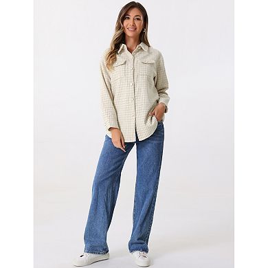 Tweed Shirt Jacket For Women's Plaids Long Sleeves Loose Shirt