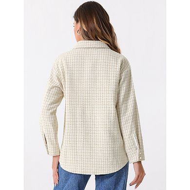Tweed Shirt Jacket For Women's Plaids Long Sleeves Loose Shirt
