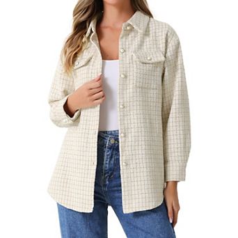 Tweed Shirt Jacket For Women's Plaids Long Sleeves Loose Shirt