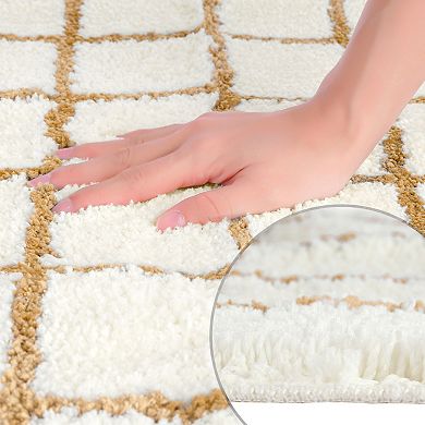 2 Pcs Checkered Soft Fluffy Absorbent Non Slip Bath Mats Bathroom Rugs