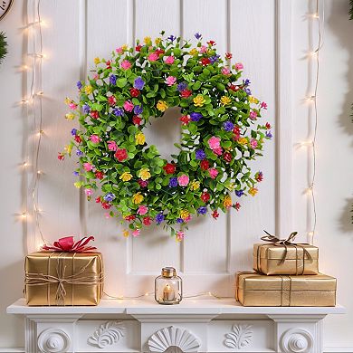 Flower Artificial Wreath for Front Door Eucalyptus Wreaths Spring Garland Multicolor 19 Inches
