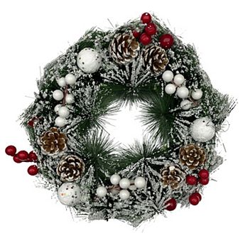 Christmas Wreath for Front Door, Snowflake Snow Flocked White Ball Ornaments Wreath