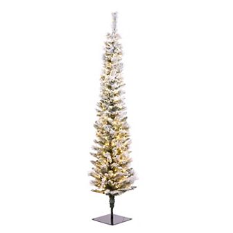 National Tree Company 6 ft. LED Pre-Lit Artificial Flocked Nooksack Fir Pencil Hinged Christmas Tree